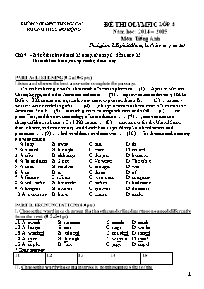 Đề thi Olympic môn Tiếng Anh Lớp 8 - Năm học 2014-2015 - Trường THCS Đỗ Động (Có đáp án)